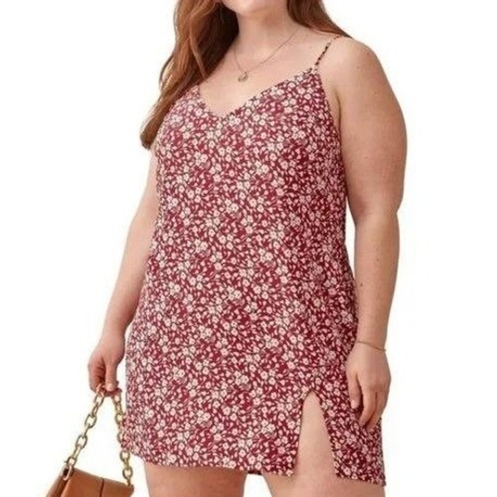 Reformation Marlowe Dress Women 1X Red Floral Mini Slip V-Neck Side Slit